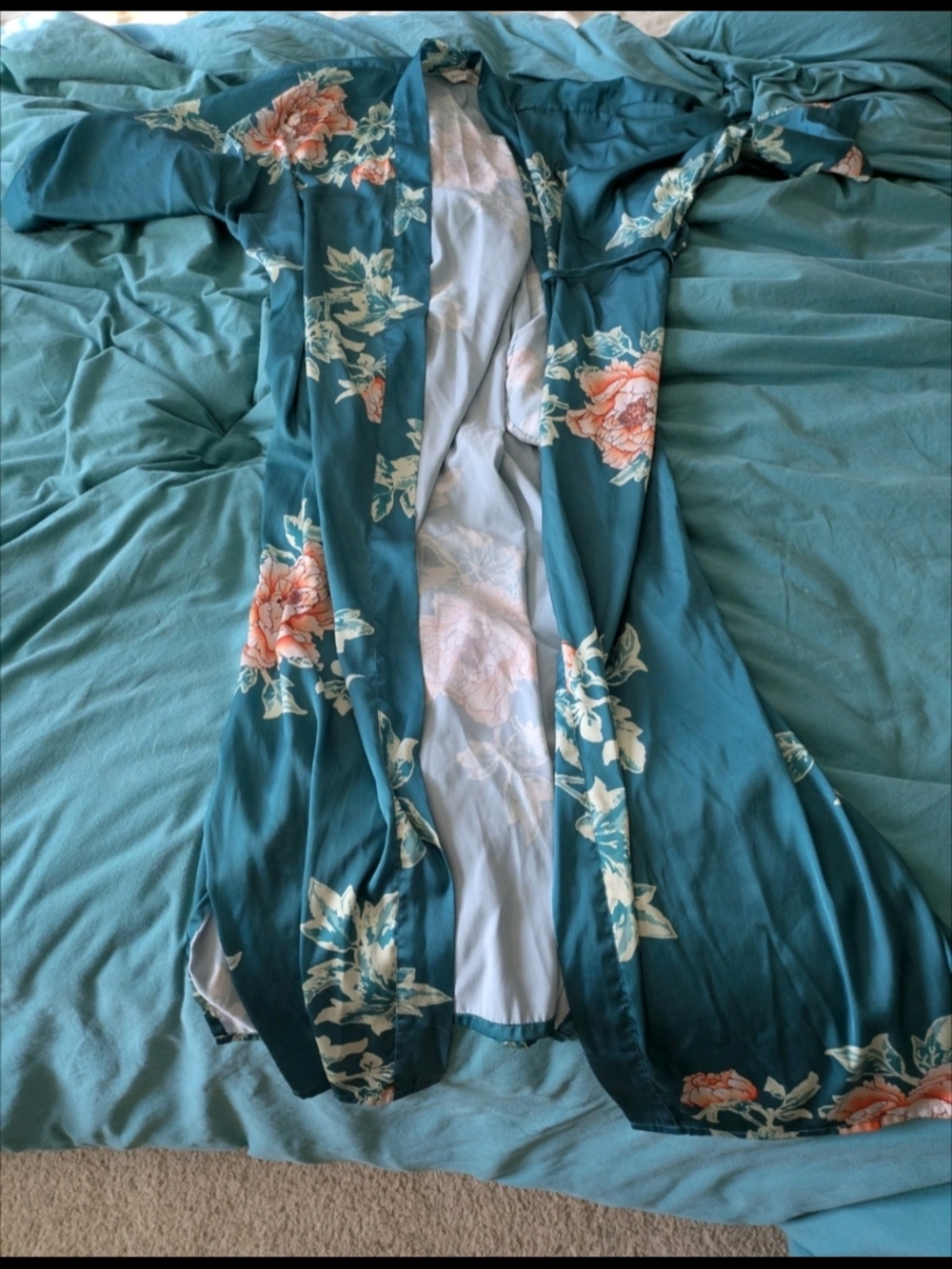 Teal Floral Kimono Robe with Peach Blooms